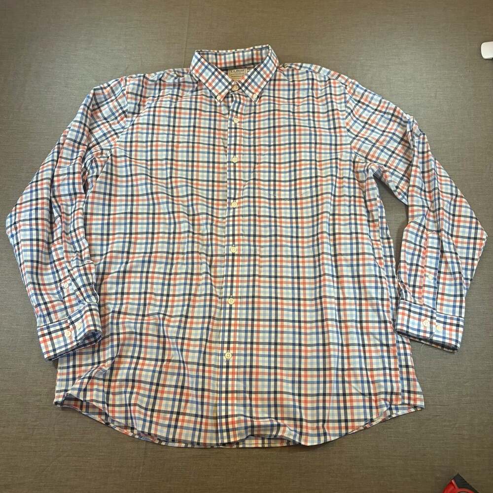 L.L.Bean Mens L Regular Fit Plaid Blue Red White Oxford Button-Down Dress Shirt